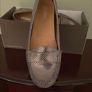 Vionic Shimmering Silver Snakeskin Loafers